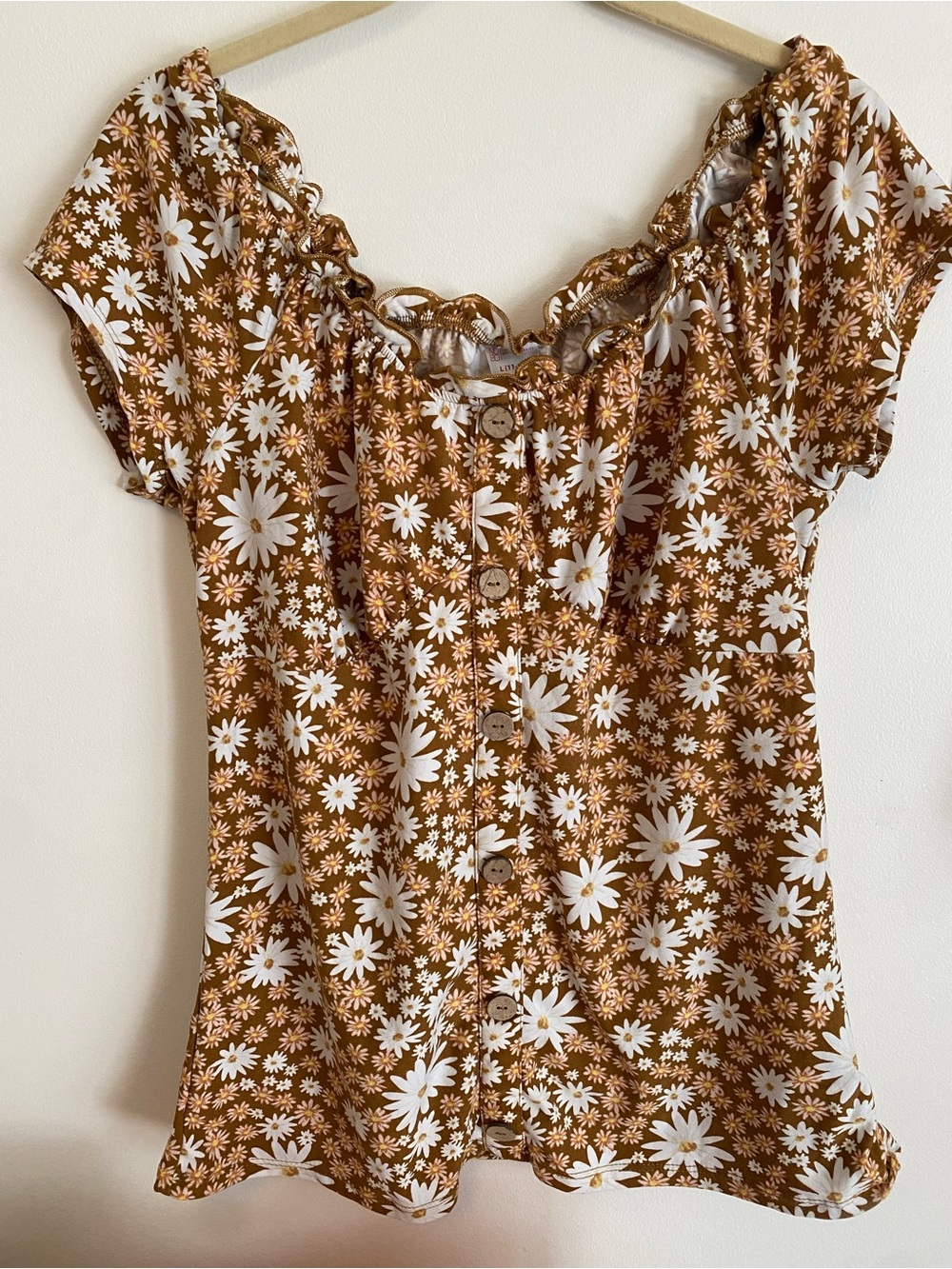 Brown Floral Wooden Button Up Top